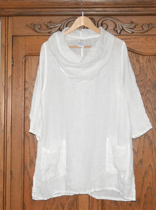 Match Point Tunic 100% Mesh Linen Cowl Neck WHITE Lagonlook Pockets MEDIUM