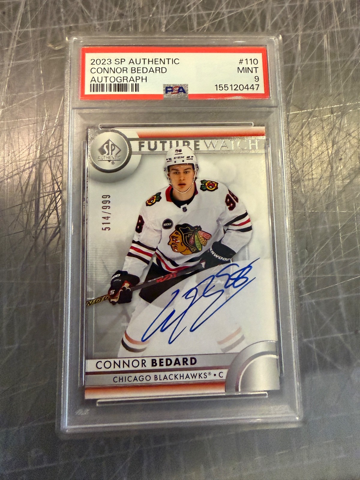 2023 SP AUTHENTIC #110 CONNOR BEDARD BLACKHAWKS ROOKIE AUTO 999 PSA 9 MINT