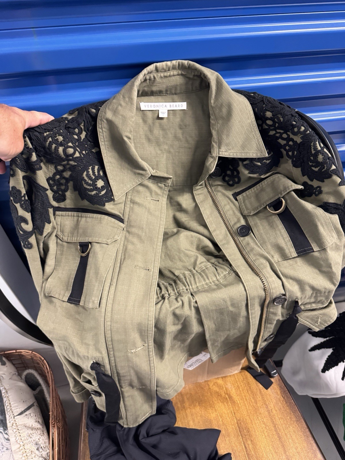 Veronica Beard Green Utility Jacket Zip/Button Embroidered Pockets Size 4