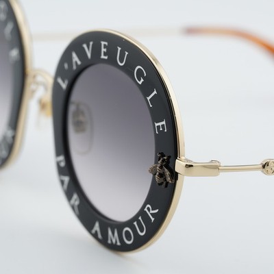 Gucci GG0113S 001 Sunglasses Black Gold Round Frame, Grey Gradient Lenses GUCCI GG0113S 001 Black Gold/Grey Gradient 44-30-140  main image 2