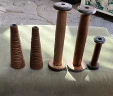 Bobbins Antique Wooden and Metal Textile Spools - Set Of 5