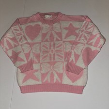 Vintage HG KIDS Girls Knit Pullover Sweater pink  white Bows Hearts Youth 8/10