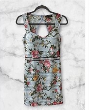 GUESS Floral Bodycon Dress Size 6 Blue Lace Overlay Cutout Back Sleeveless NWT