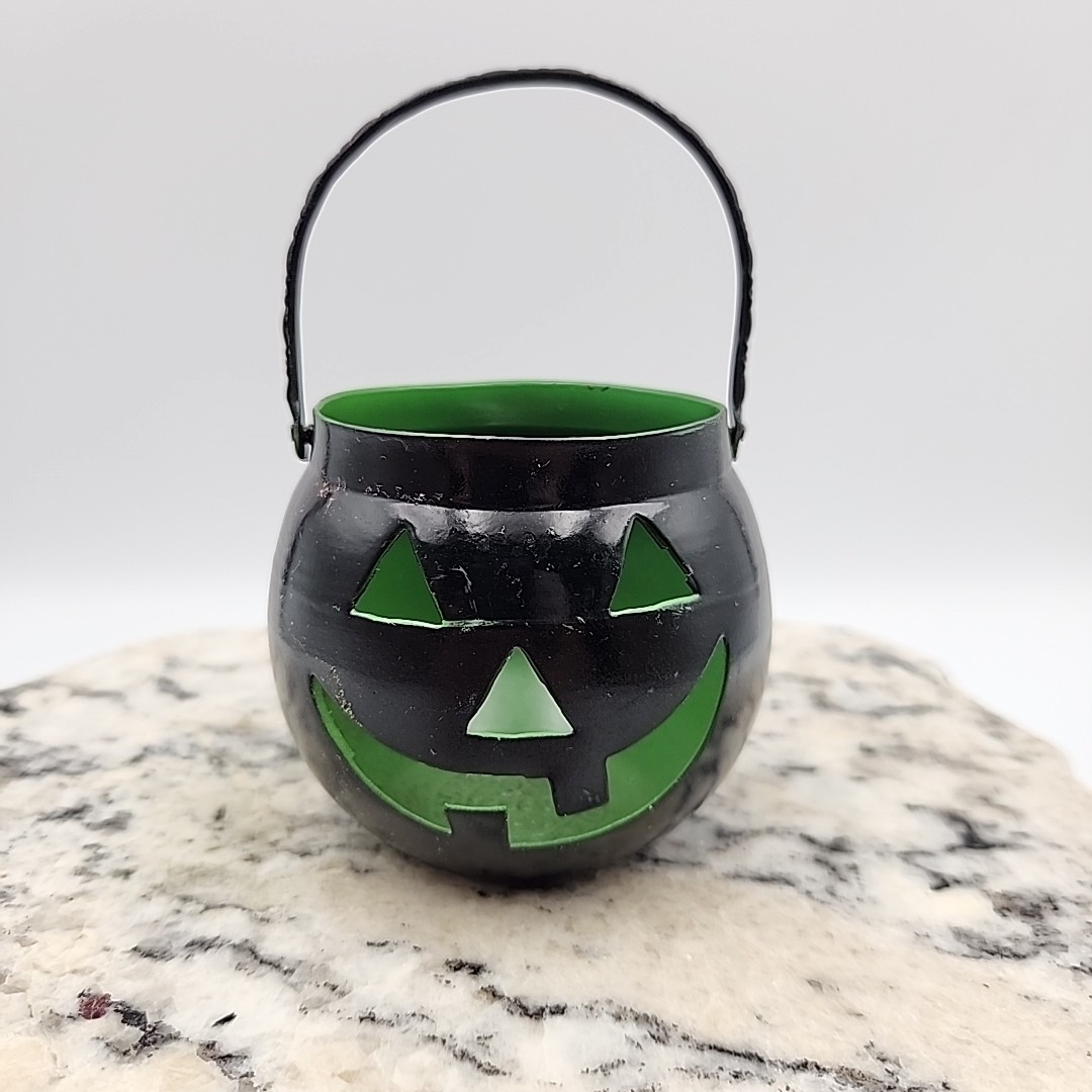 Vintage Hosley Pumpkin Jack O Lantern Black & Green Metal Te