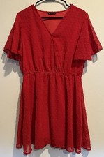 Women's Holiday Red Swiss Dot Ruffle Dress Short Sleeve Size L Large