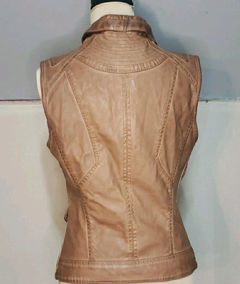 Chelsea & Violet Small Faux Leather Biker Vest Cognac Edgy Moto Grunge Womens - Image 2 of 4