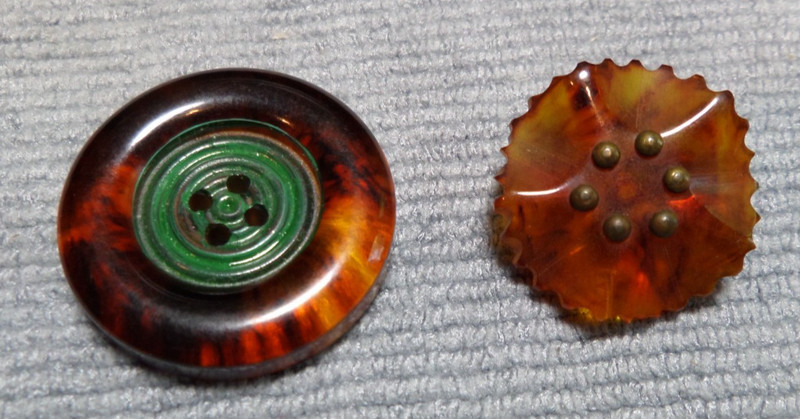 2 Antique Bakelite Painted & Carved Buttons Tested Root Beer