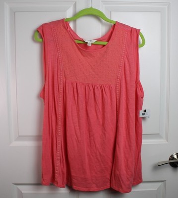 NWT Terra & Sky Coral Sleeveless Pullover Top Knit & Woven Eyelet & Crochet 1X