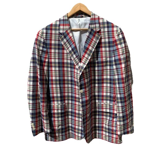 J. Press 46R Men's Madras Sport Coat Blazer Jacket Red White Blue Plaid Summer
