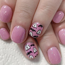 24Pcs Halloween Press on Nails Short Square Fake Nail Pink Glitter Ghost Bat Des