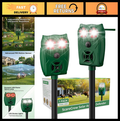 2 Pack Solar Ultrasonic Animal Repeller with Motion Sensor & LED Light - Waterpr