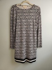 Michael Kors Womens M Black White Boat Neck Long Sleeve Geometric Print Dress