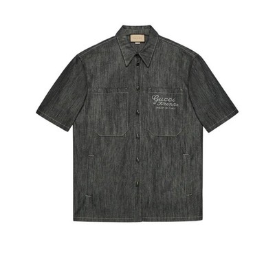 Authentic Men's Gucci Blue Oversized Jacquard Raw Denim Shirt