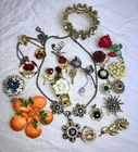 AS FOUND Lot Of Vintage Floral Theme Jewelry Pins Brooch Necklace Estate Costume