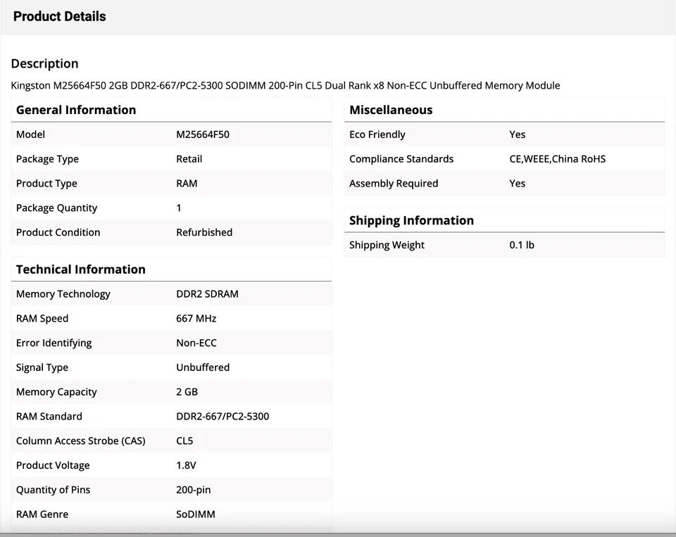 Kingston M25664F50 Memory Module 2GB DDR2 667MT/s Non-ECC Unbuffered SODIMM - Image 2 of 2