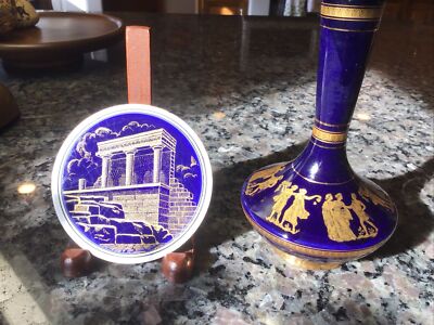 Spyropoulos Greek 24k Gold Plated Cobalt Blue Bud Vase & Smaltotechniki Tile LOT