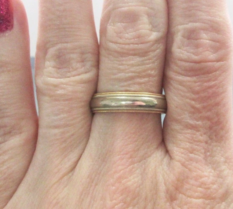 L@@K Double Milgrain Solid 14K Yellow & White Gold Wedding Band  sz 9.75 MEN - Image 3 of 4