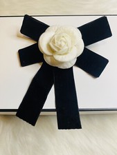 White Camellia Flower Brooch Pin Black Velvet Bow New Handmade Gift