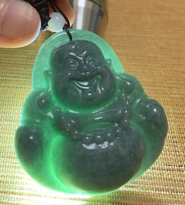 Certified Green 100% Natural A Jade jadeite Pendant Buddha God 开心佛 418369 TS