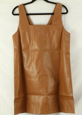 Women's Size L Two Way Square V-Neck Faux Leather Mini A-Line Dress Brown  NWOT 