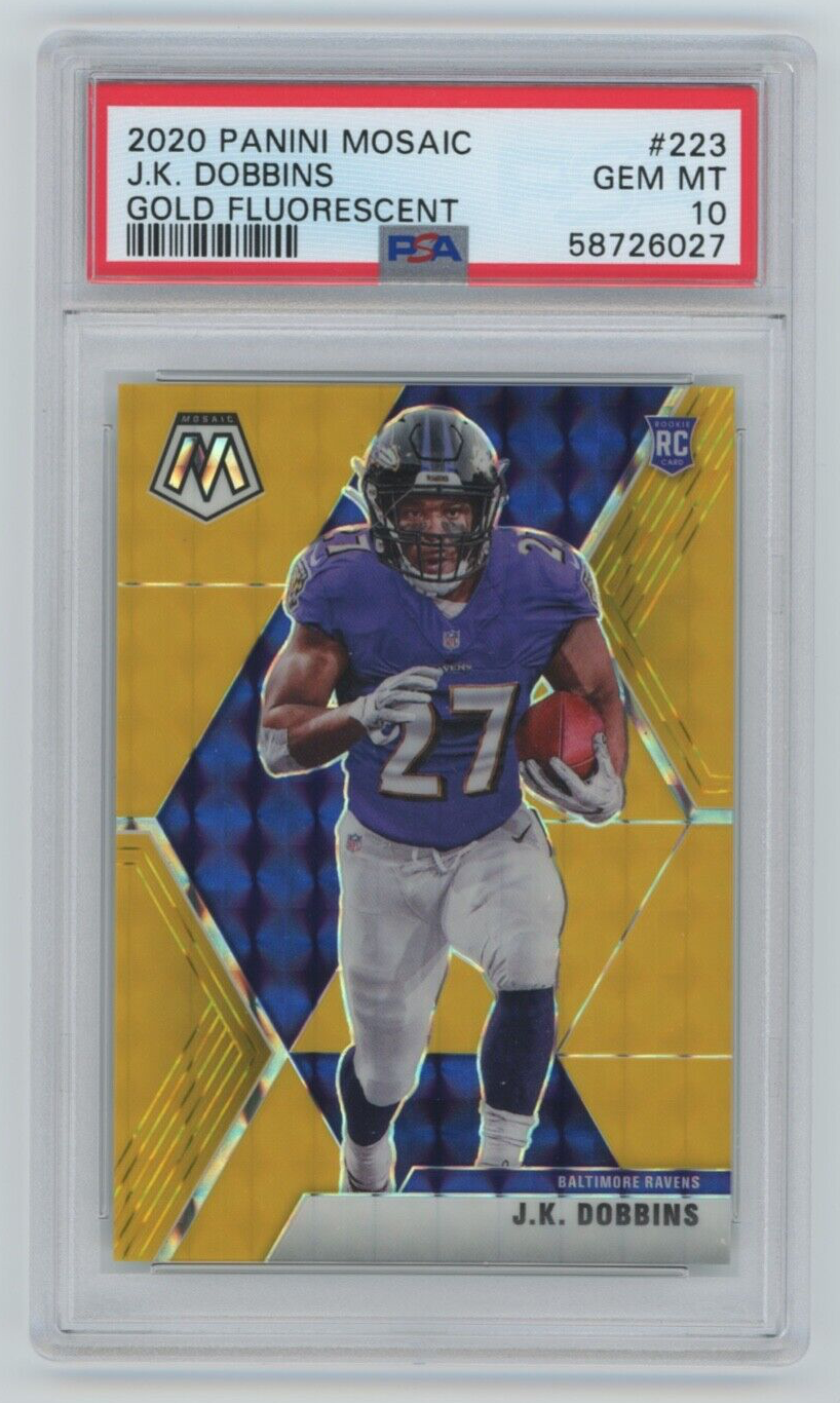 2020 Mosaic J.K. Dobbins /20 GOLD FLUORESCENT PRIZM PSA 10 Rookie Card
