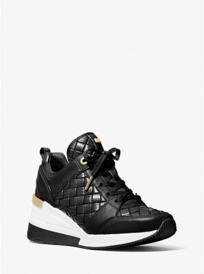 Michael KORS GEORGIE WOVEN BLACK NAPPA GOLD MK WEDGE SNEAKERS 11 I