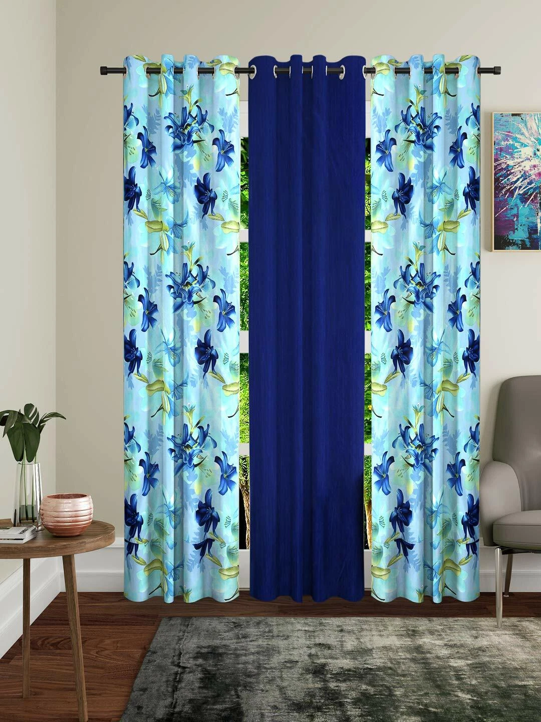 New 3 Piece Eyelet Polyester Door Curtain Set - 7 feet Blue
