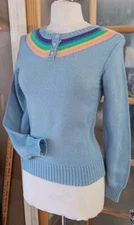 Vintage Rainbow Sweater Pastel Blue CURRANTS by Jeri-Jo 70s Womens Sz M Sweet