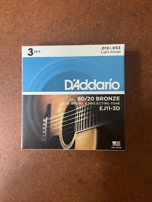 D'Addario EJ11-3D 80/20 Bronze Acoustic Guitar Strings - 12-53, 3 Sets, Light