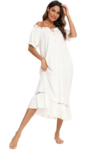 Women's Lace Tied Ruffle Short Sleeve Lounge Maxi Dress - Picture 9 of 26
