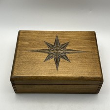 Vintage Handcrafted Wood Carved North Star Design Trinket Box Keepsake Jewelry