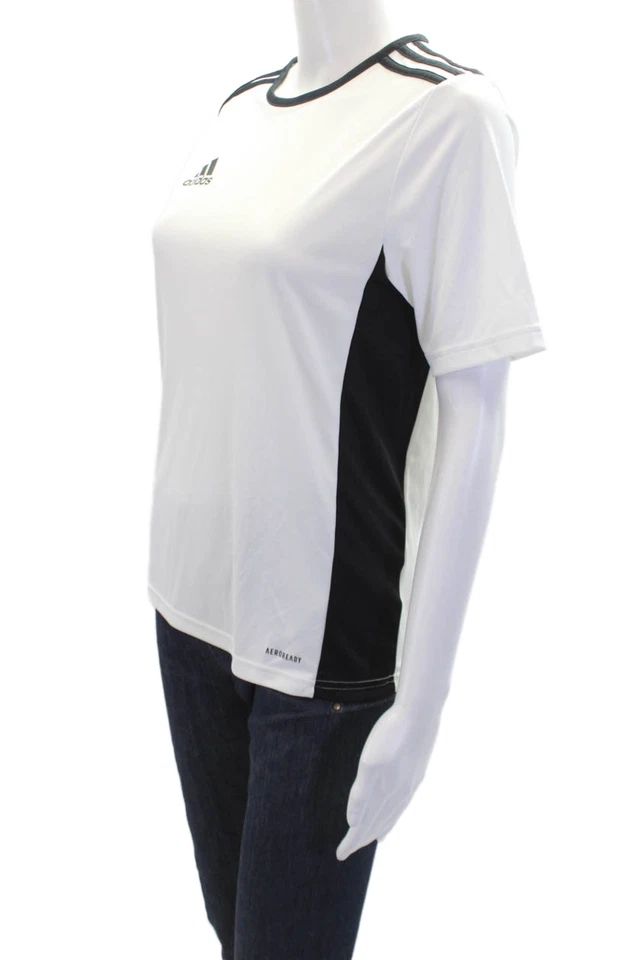 Adidas Boys Striped Shoulder Short Sleeve Athletic Shirt White Black Size L - Image 2 of 4