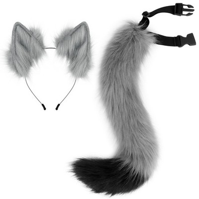 HAOAN Faux Fur Cat Fox Wolf Furry Tail and Clip Ears for Halloween Party Costume