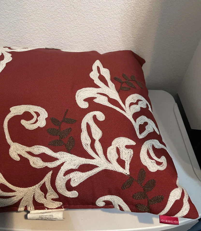 Decorative Indoor/Outdoor Throw Pillow Red Brown and White Embroidered  17 x 17 - Image 3 of 4