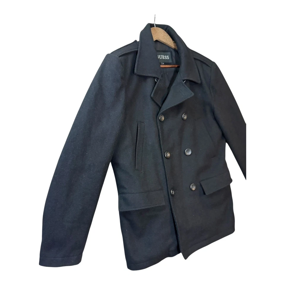 GUESS Mens Wool Peacoat Jacket S Black Double Breasted Classic Winter Outerwear - Image 4 of 4