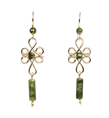 Handmade Green Jade Gemstone Beaded Gold Tone Celtic Dangle Boho Earrings