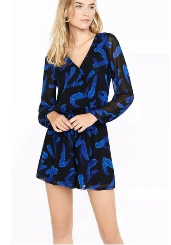 Express Women’s Black Blue Feather Romper Size XS Long Sleeve V-Neck