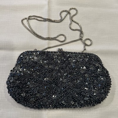 Vintage Bechamel Evening Purse With Satin Lining And Silver Strap Beads Sequins