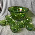 Vintage Indiana Carnival Glass Iridescent Green Punch Bowl Set With 9 Cups