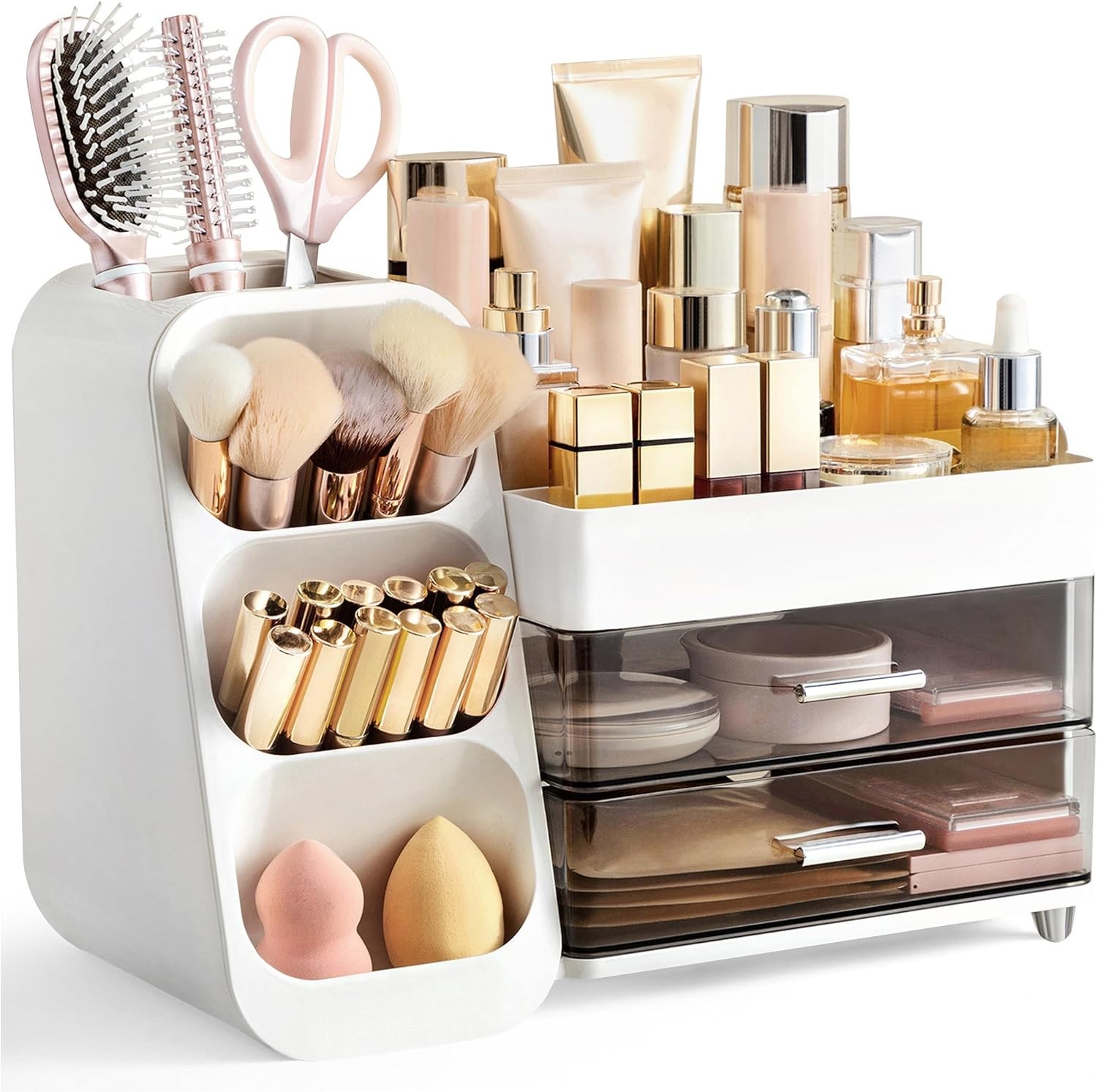 Makeup Organizer with Brush Holder for Vanity, Large Plastic Bathroom Countertop