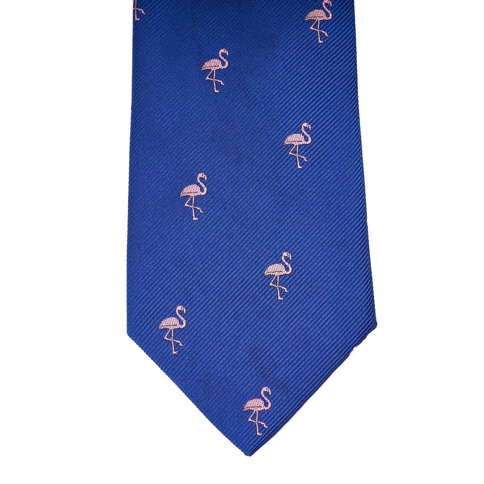 J. Corbata Crew The Narrow Corbata Azul Seda con Flamencos Bordados Rosa 3 x 59" Foto 3 de 4