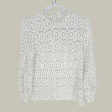 Romantic Lace Blouse Women Size S White Pearl Cuff Mock Neck Boho Long Sleeve