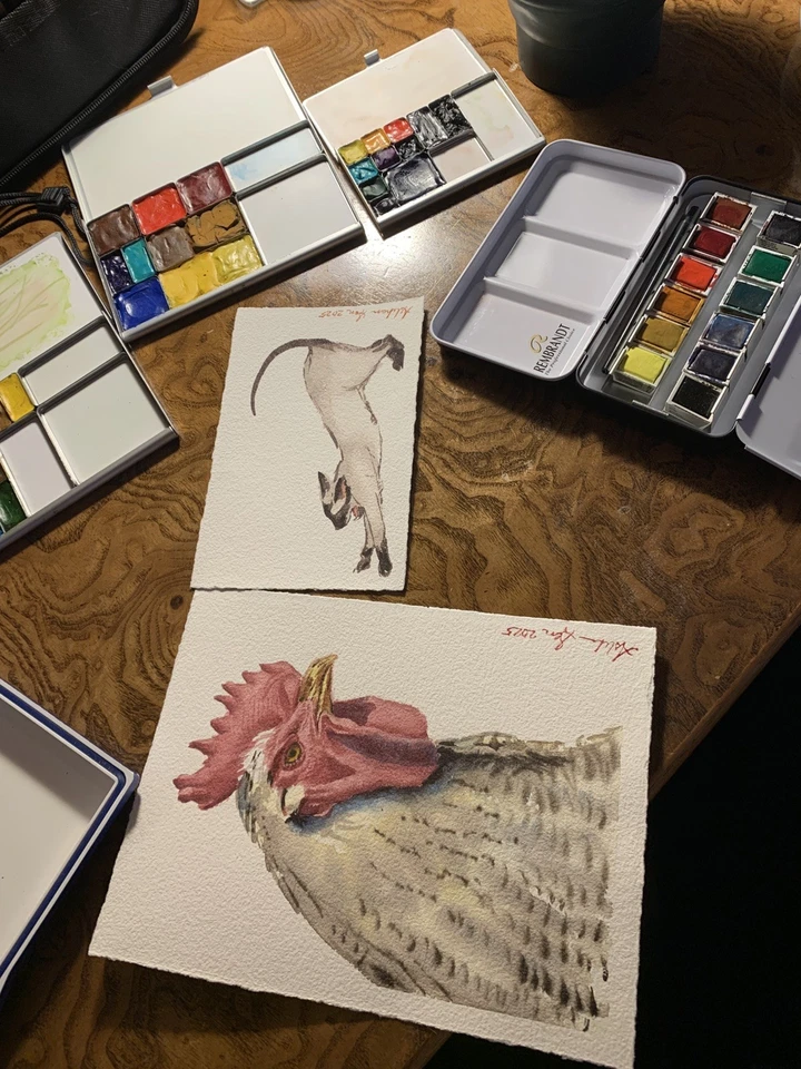 Original pequeña acuarela pintura de pollo gallo arte de pared decoración de animales de granja Foto 2 de 2