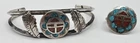 VTG Southwestern Style Cuff Bracelet & Ring Set Turquoise Coral Inlay Silver
