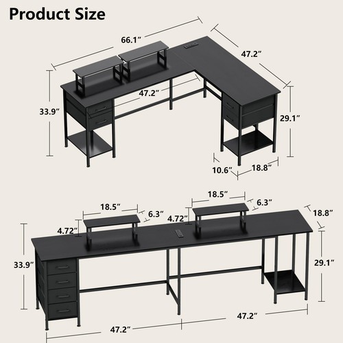66" L Shaped Computer Desk, 94.4'' Home Office Desk with Power Outlets, 4 Adj... - Picture 2 of 7