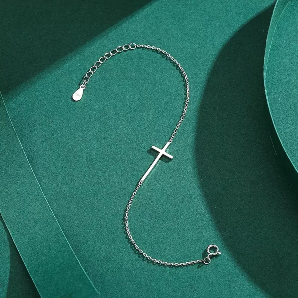 925 Sterling Silver Cross Bracelet Rhodium Plated Minimalist Xmas Gift Jewelry - Image 4 of 4