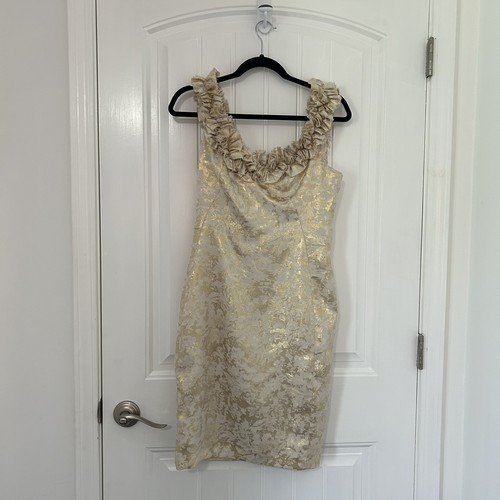 LONDON TIMES White Gold Metallic Ruffle Neck Floral Sleeveless Formal Dress 8 - Picture 2 of 8