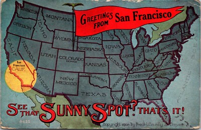Greetings from San Francisco California CA Sunny Spot Map 1900s 1908 Postcard