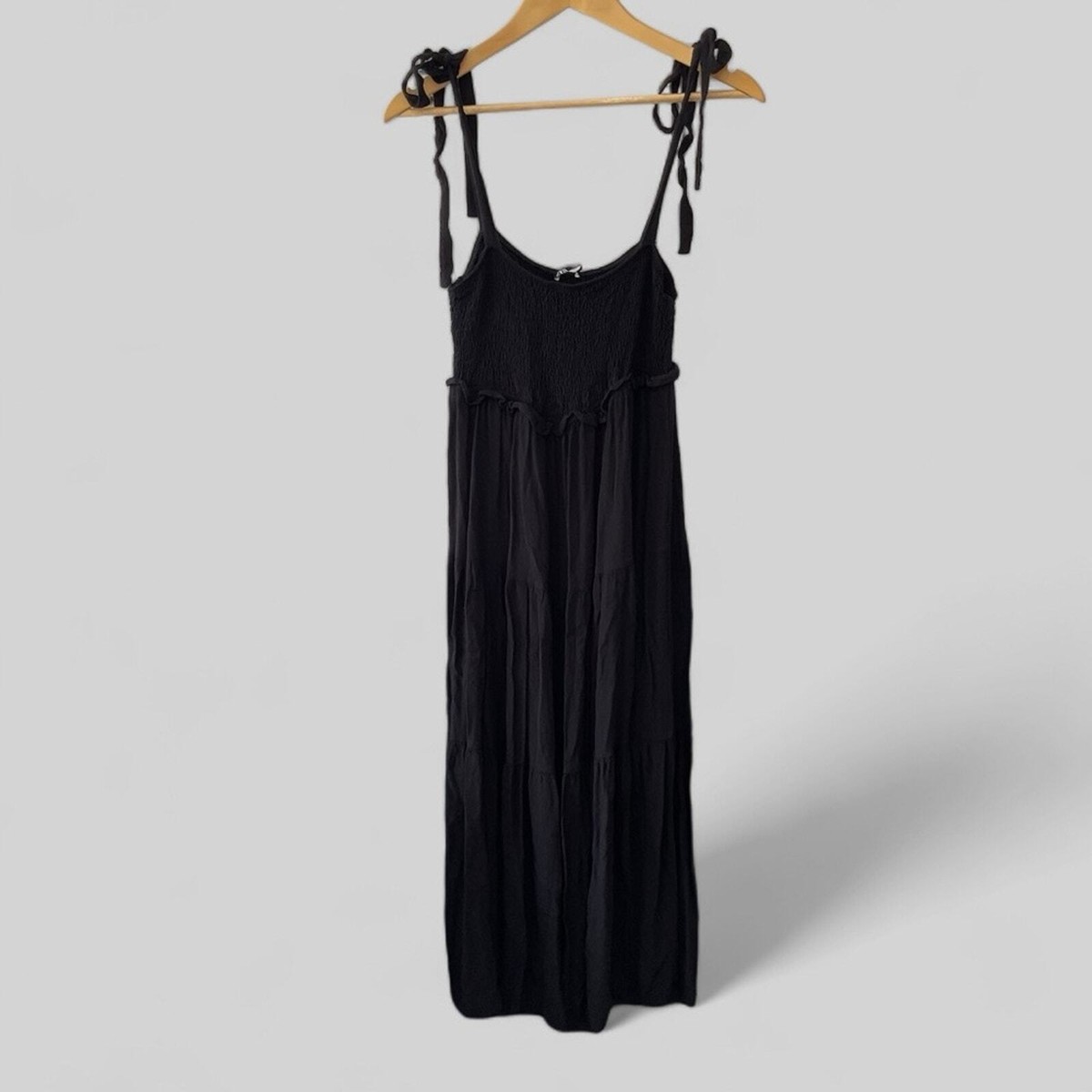 Zara Tiered Midi Dress Women's Small Self Tie Straps Black Flowy Smocked Top | eBay Zara Tiered Midi Dress Women's Small Self Tie Straps Black Flowy Smocked Top | eBay