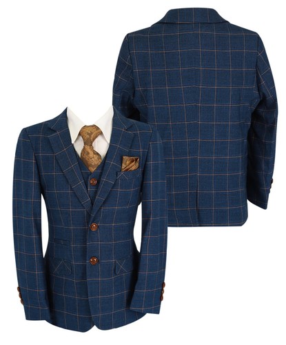 Mens Boys Windowpane Check Suit Blue Wedding Father Son Matching 3 Piece Set - Picture 16 of 24